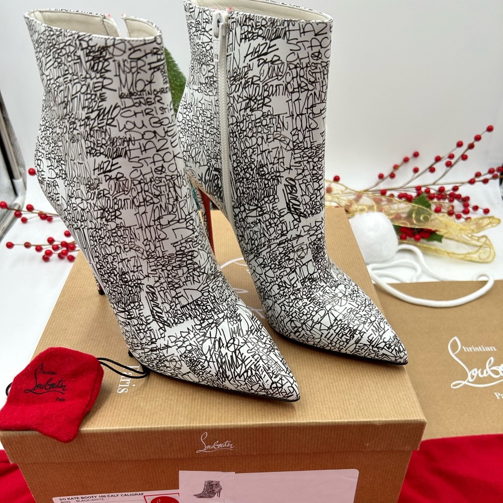 Christian Louboutin White and Black Ankle Boots